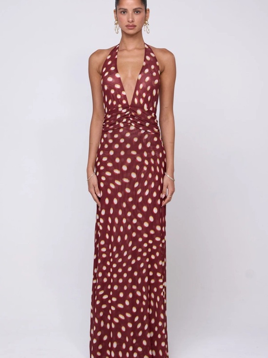 RESA Dresses & Skirts - RESA Burgundy Halter Maxi with Cream Spot Print
